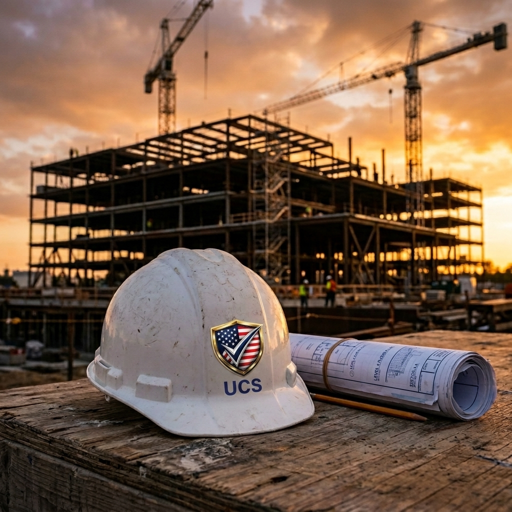 Construction hard hat and blueprints at a Texas construction site